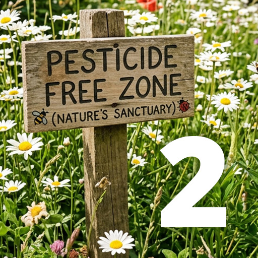 A wood garden sign that reads Pesticide Free Zone (Nature's Sanctuary).